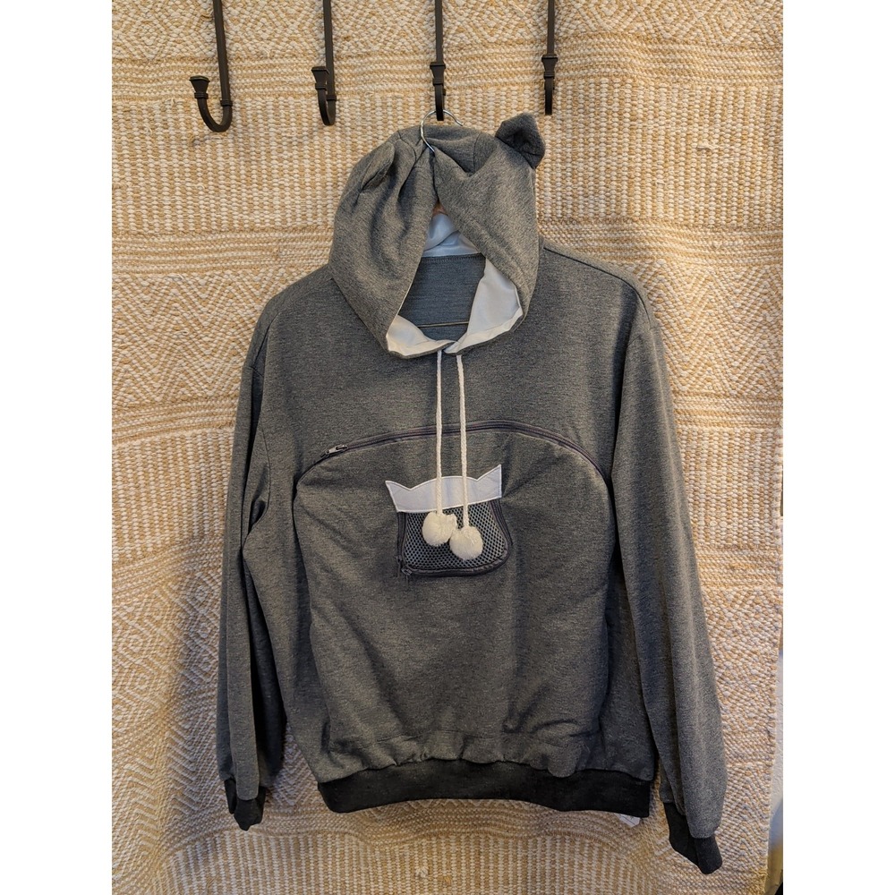 Kangaroo Hoodie Cat Dog Carrier Pocket Pouch Pet Holder Sweatshirts Sz L Gray